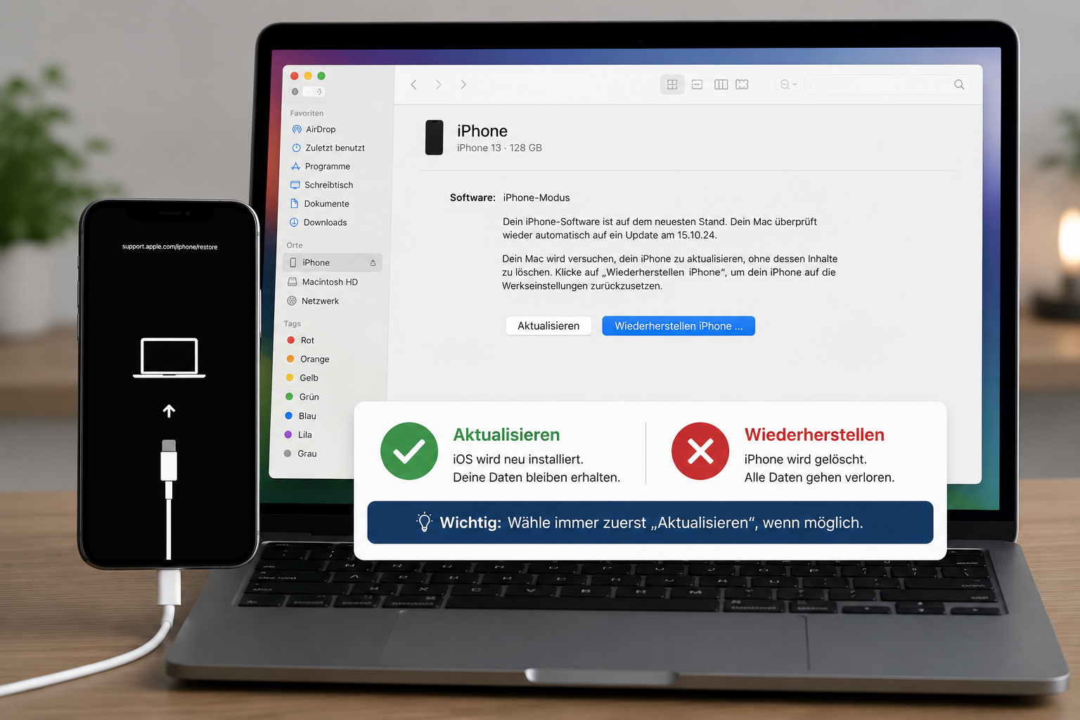 iPhone per Kabel am Mac angeschlossen mit Hinweis Aktualisieren statt Wiederherstellen