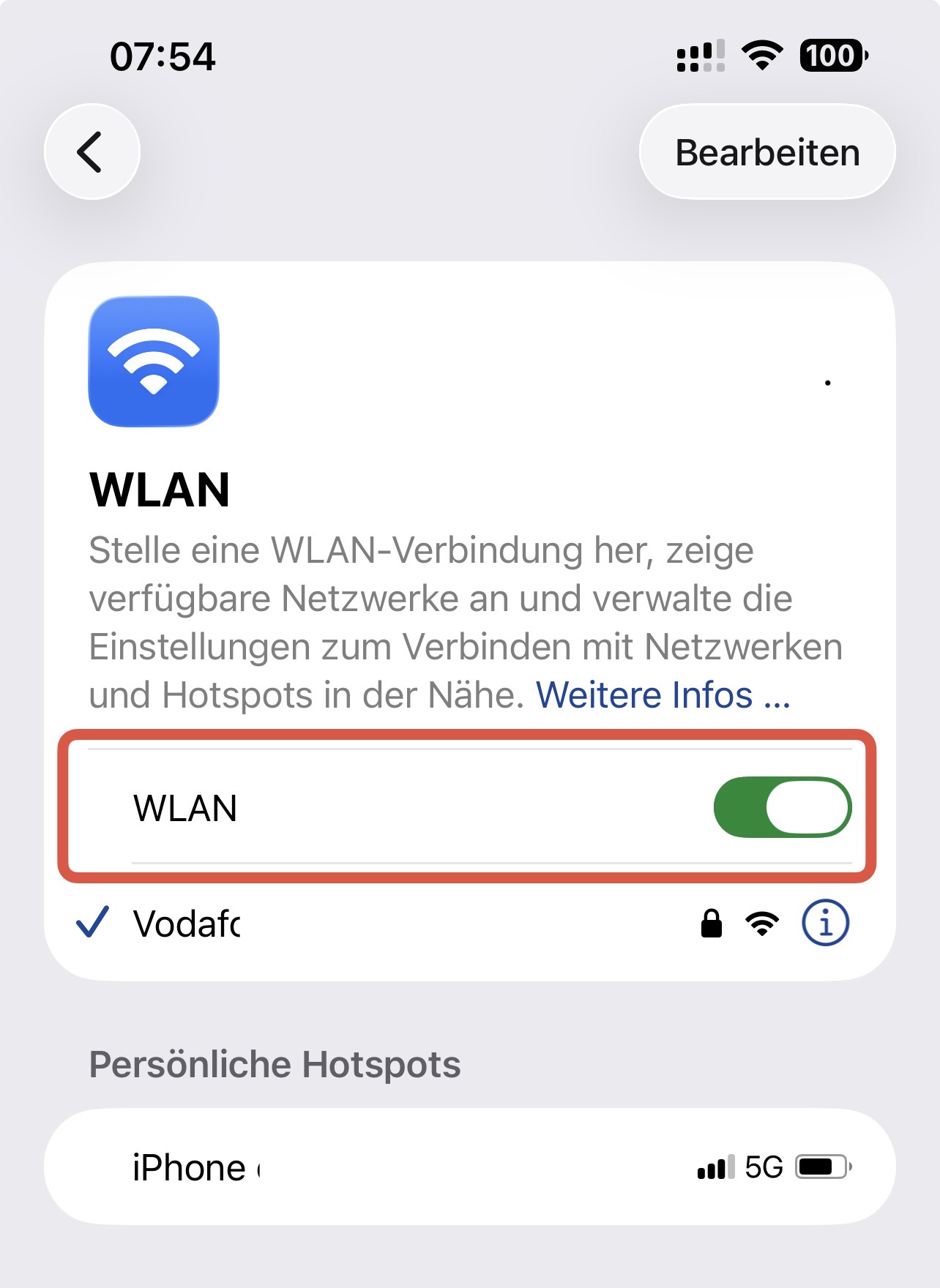 iPhone WLAN-Einstellungen mit WLAN-Schalter