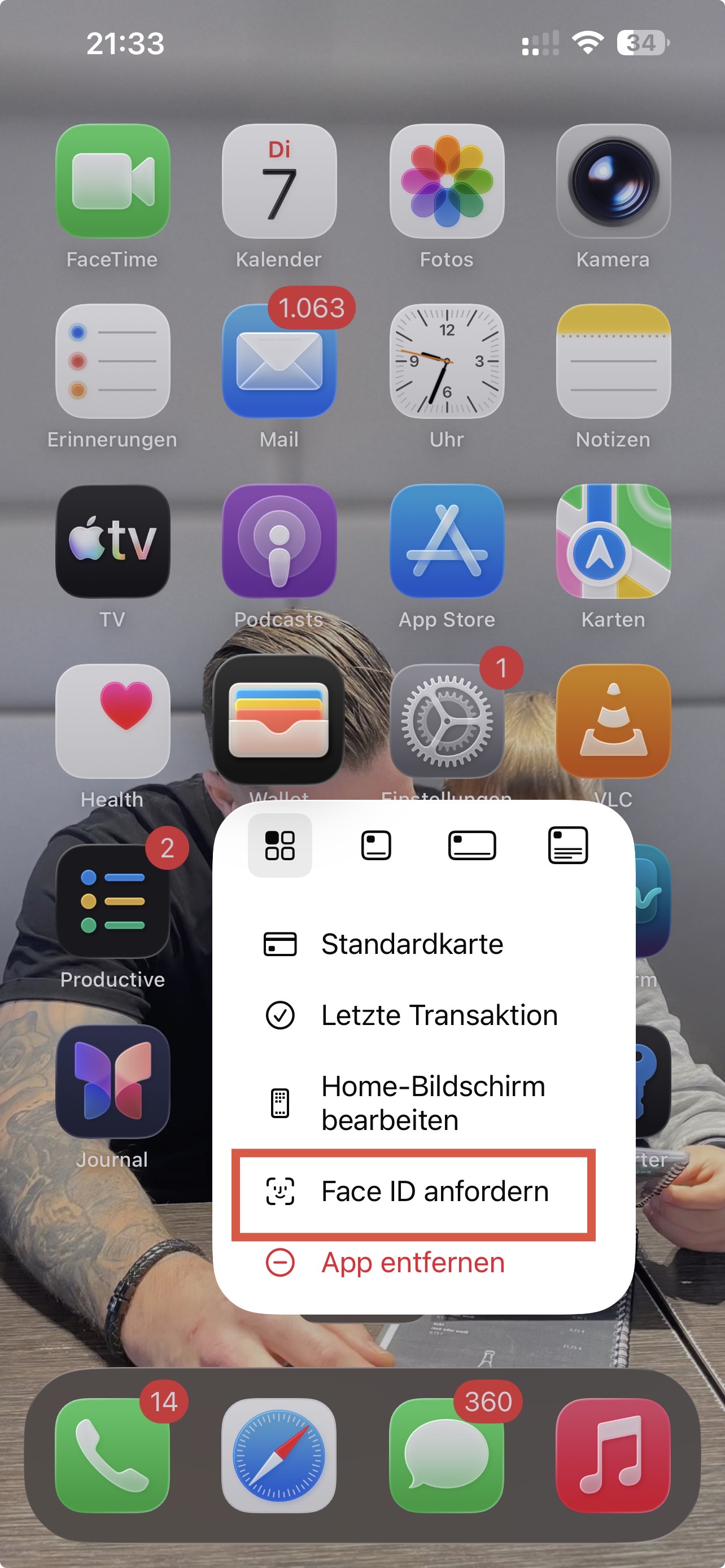 iPhone App-Menü mit Option Face ID anfordern