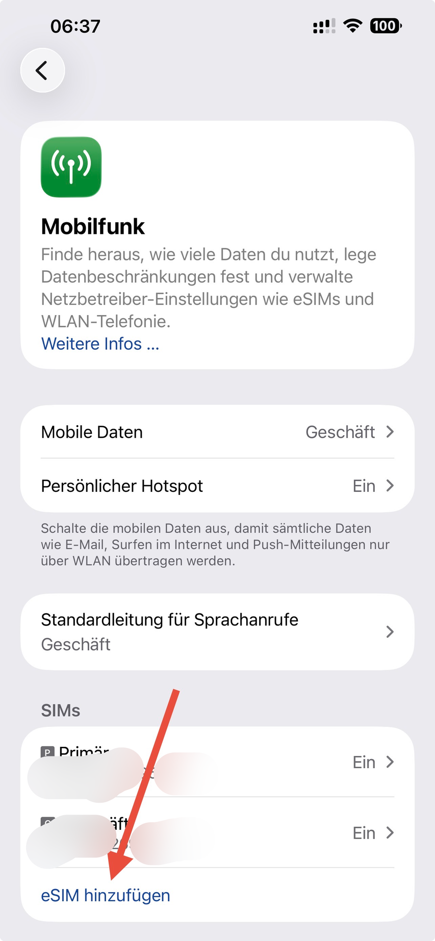 iPhone Einstellungen Mobilfunk mit dem Button eSIM hinzufügen