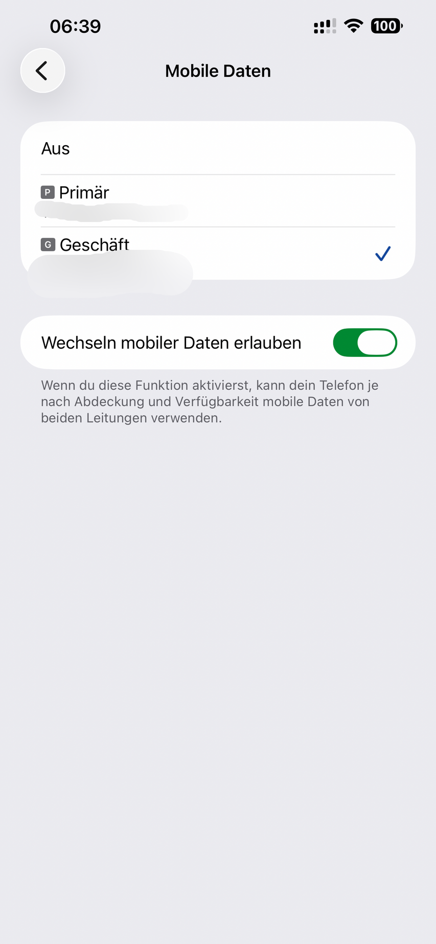 iPhone Mobilfunk-Einstellungen mit Standard-Datenverbindung und zwei Leitungen bei Dual-SIM