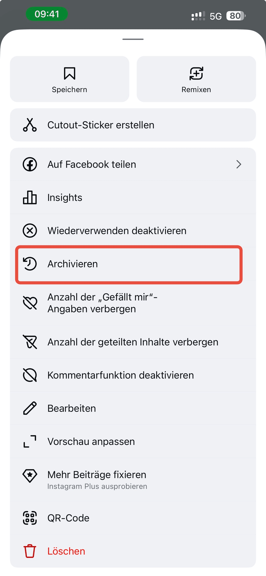 Instagram Drei-Punkte-Menü eines Beitrags mit der Option Archivieren