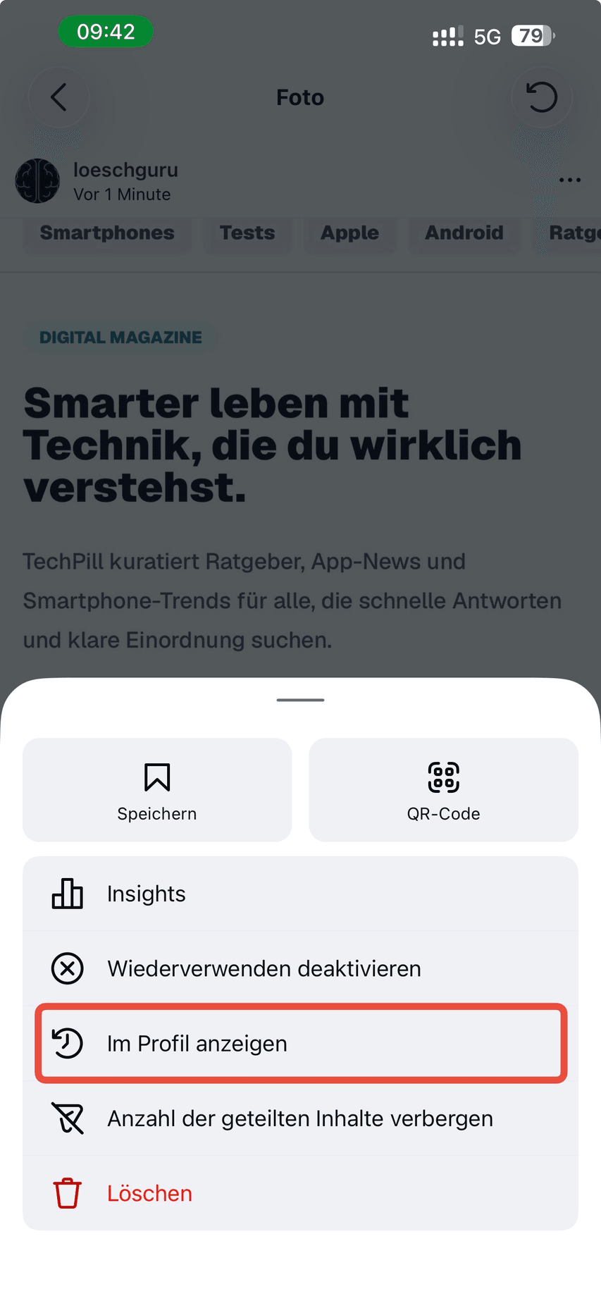 Menü eines archivierten Instagram-Beitrags mit der Option Im Profil anzeigen