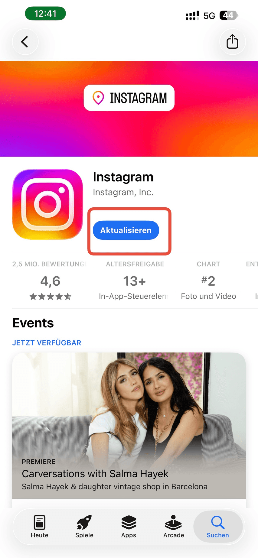 Instagram im App Store mit dem Button Aktualisieren