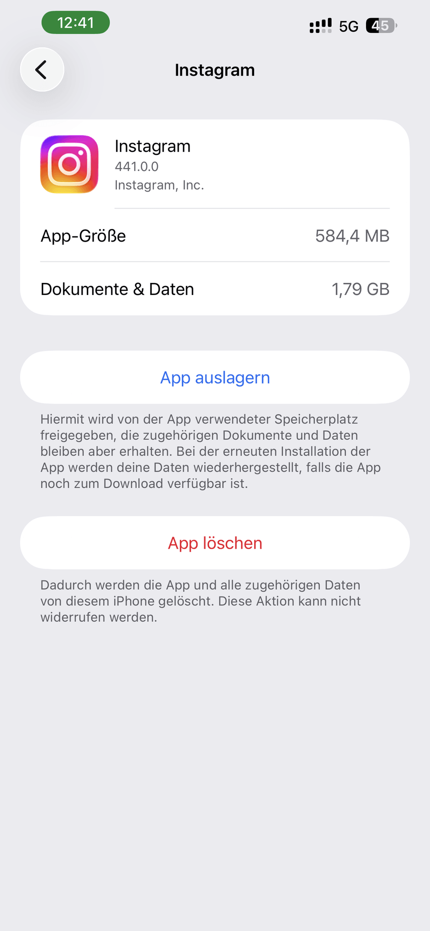 iPhone-Speicher Instagram mit den Optionen App auslagern und App löschen