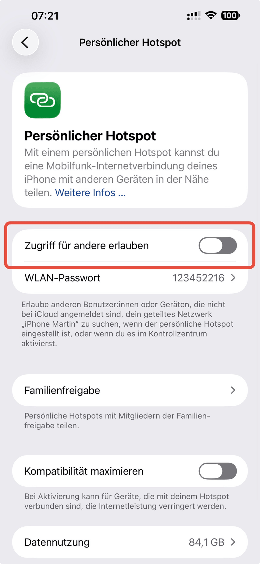 Einstellungen Persönlicher Hotspot mit ausgeschaltetem Schalter Zugriff für andere erlauben