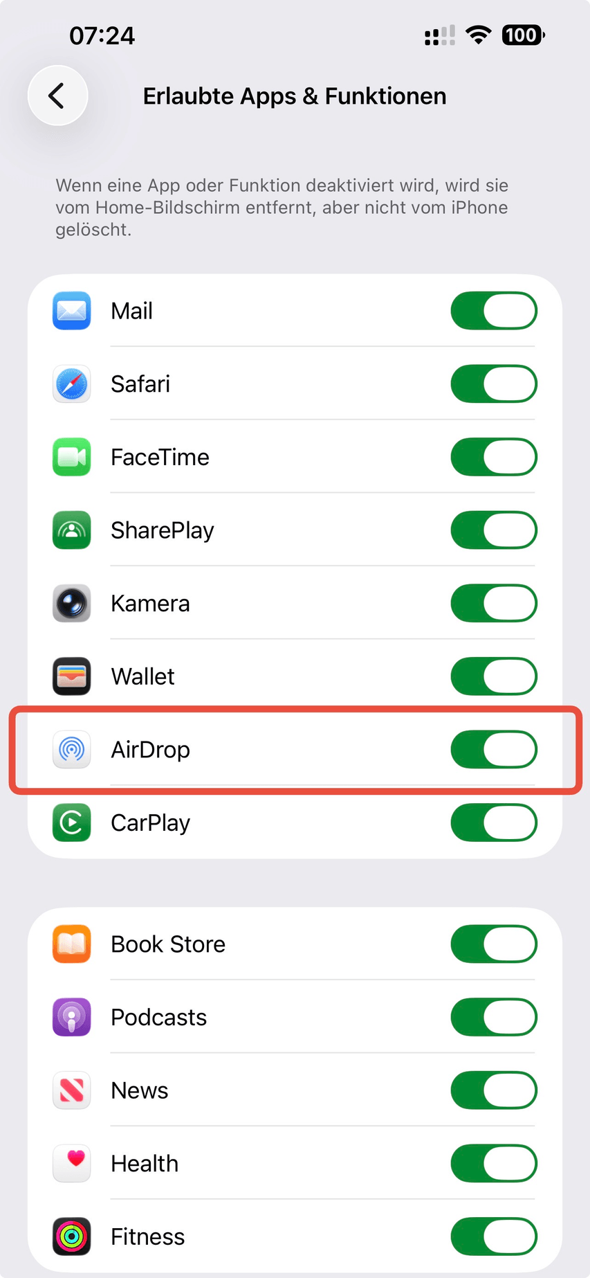 Bildschirmzeit Erlaubte Apps und Funktionen mit aktiviertem AirDrop-Schalter