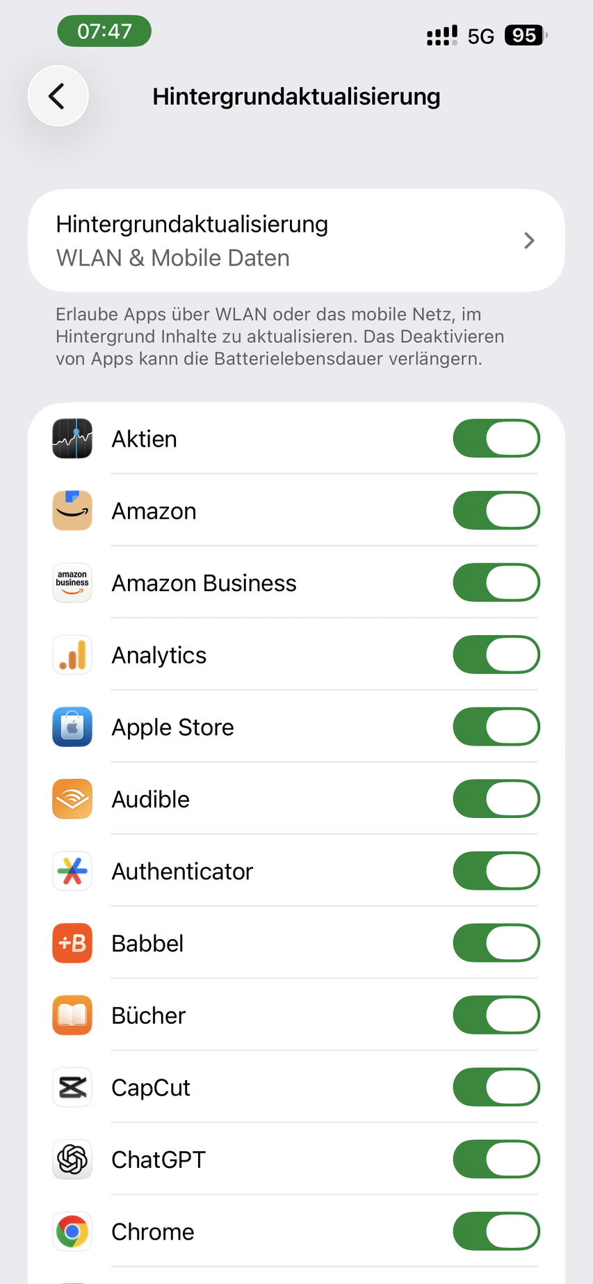iPhone Einstellungen Hintergrundaktualisierung mit einzelnen App-Schaltern