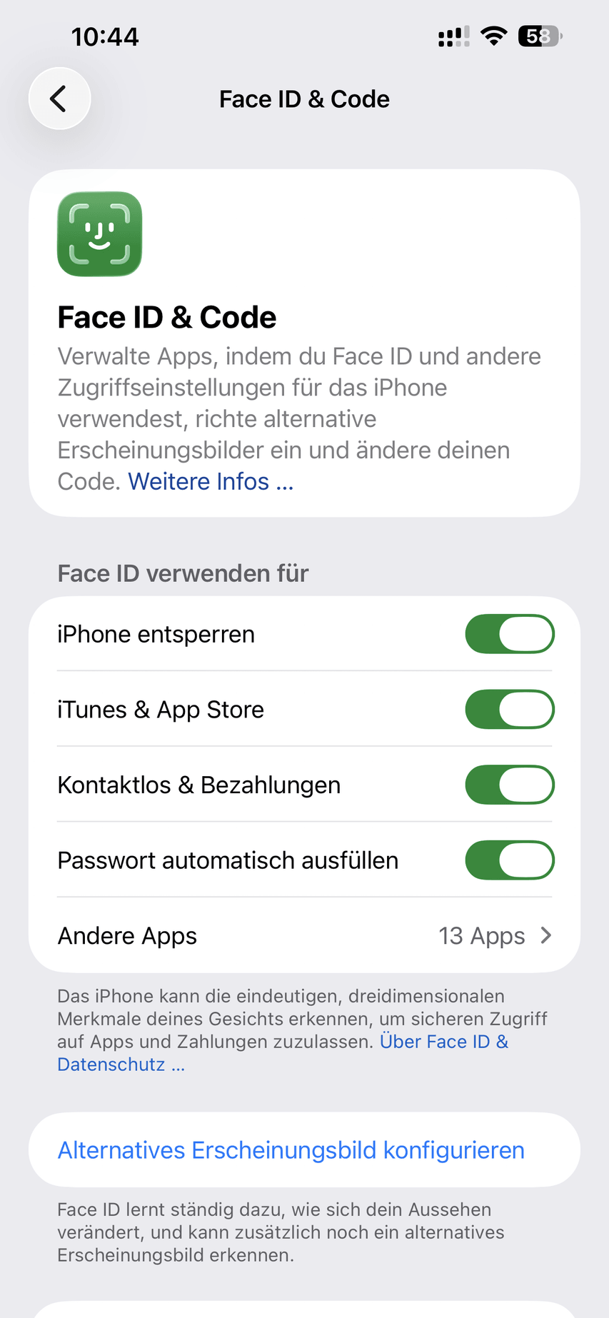 iPhone-Einstellungen Face ID & Code mit den Schaltern iPhone entsperren, iTunes & App Store und Kontaktlos & Bezahlungen