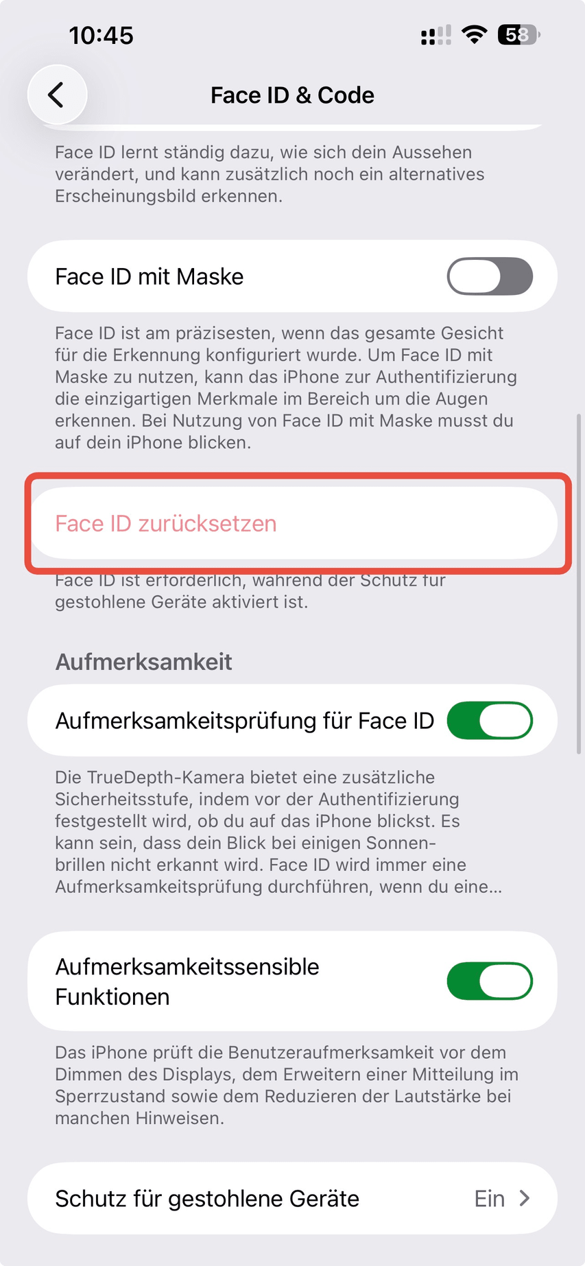 Button Face ID zurücksetzen in den iPhone-Einstellungen Face ID & Code
