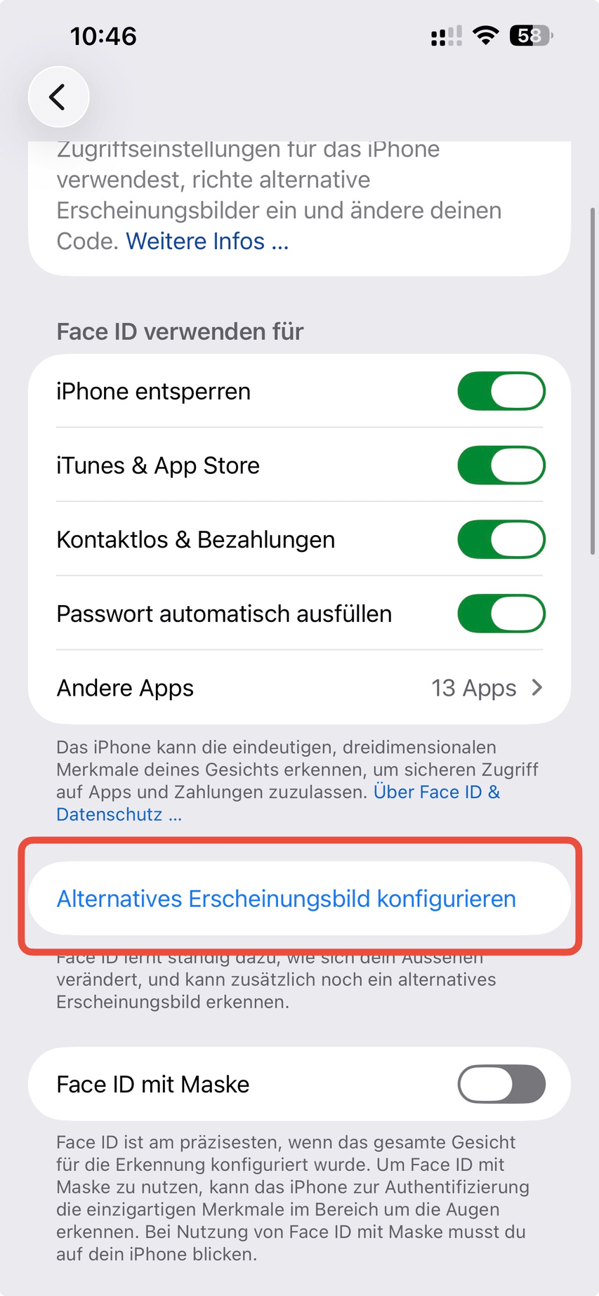 Option Alternatives Erscheinungsbild konfigurieren in den Face-ID-Einstellungen