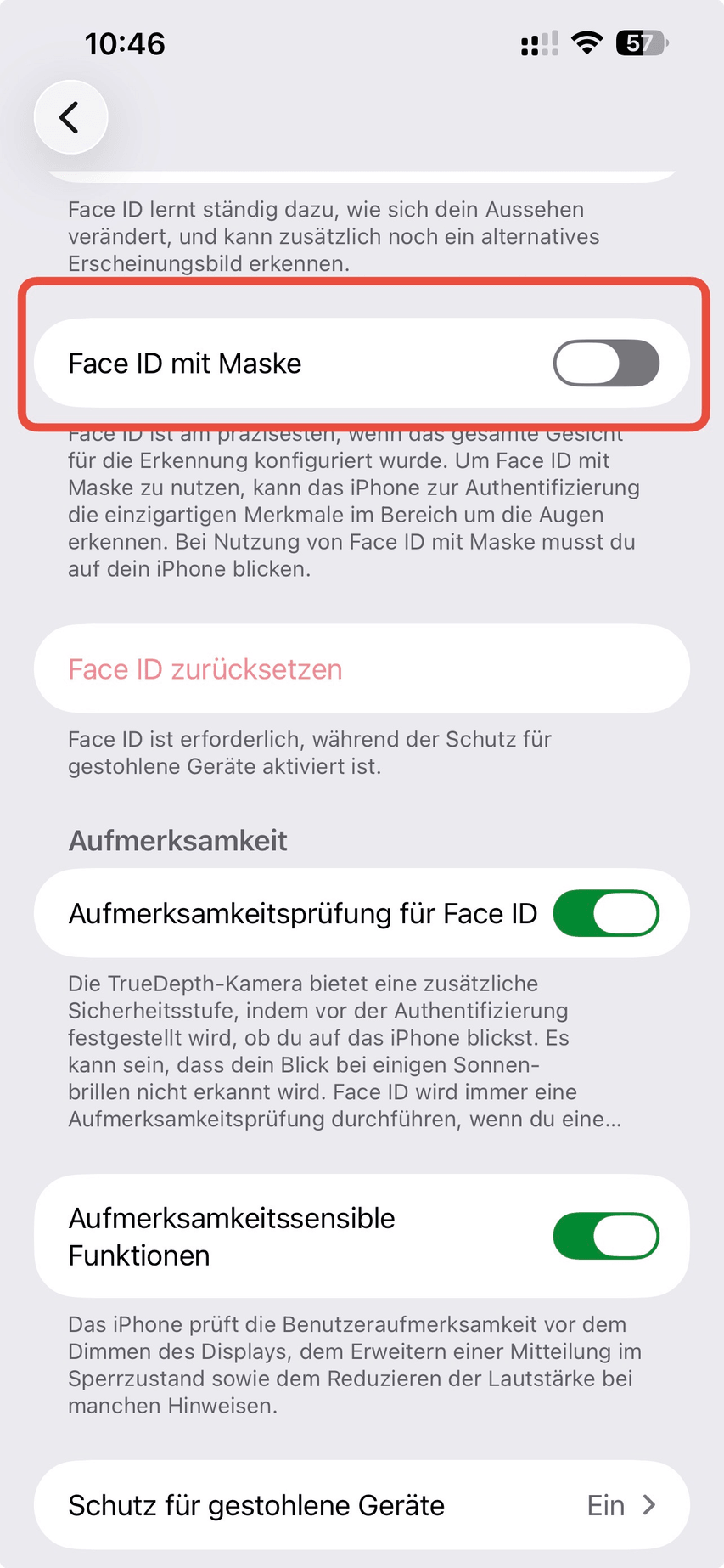 Schalter Face ID mit Maske in den iPhone-Einstellungen Face ID & Code