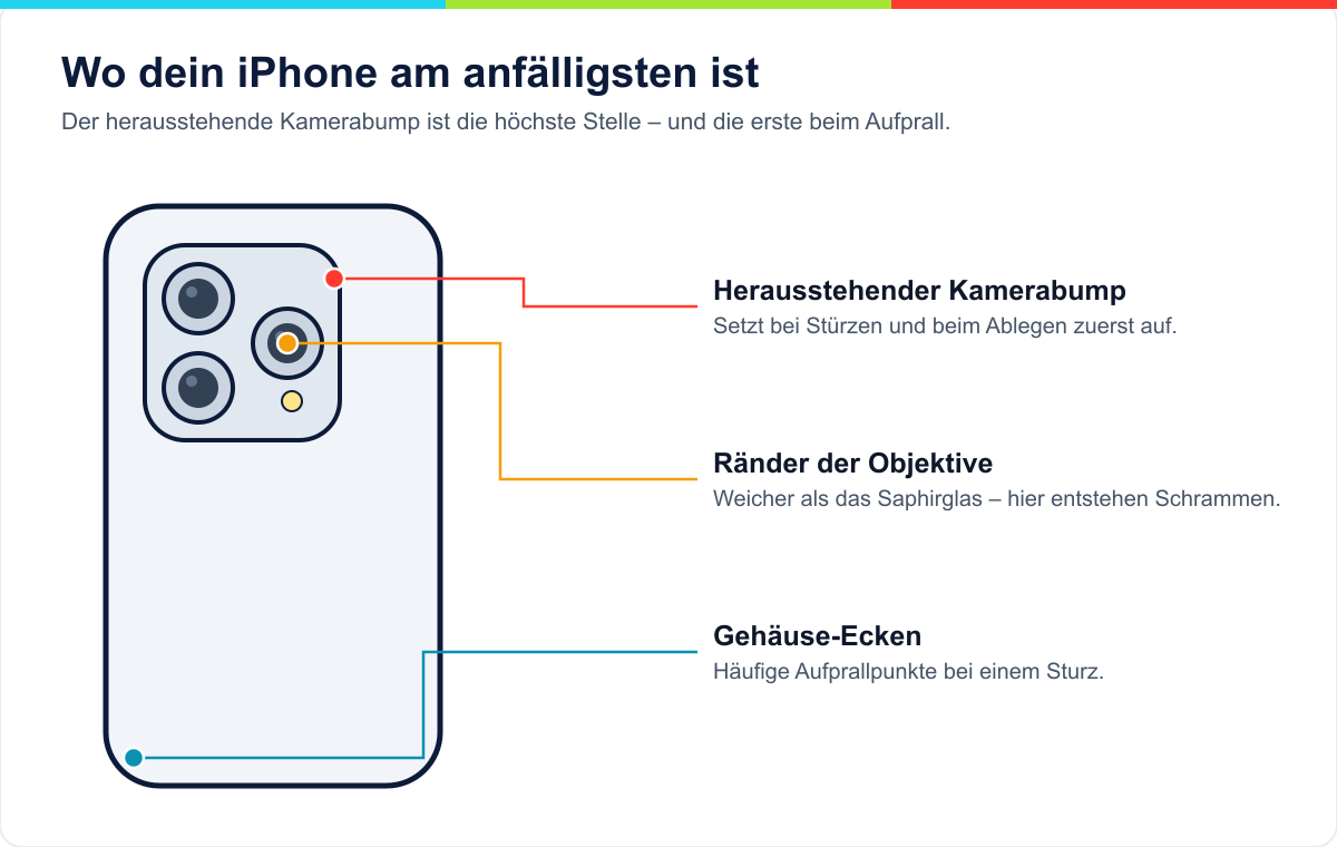 Rückseite eines iPhones mit markierten Schwachstellen: herausstehendes Kameramodul, Kanten der Linsen und Gehäuseecken