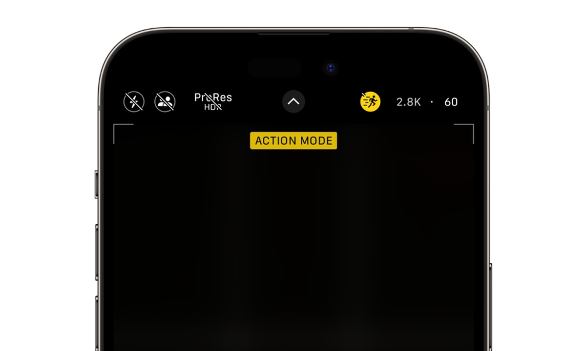 iPhone Kamera im Videomodus mit gelbem Aktionsmodus-Symbol und Anzeige 2,8K bei 60 Bildern