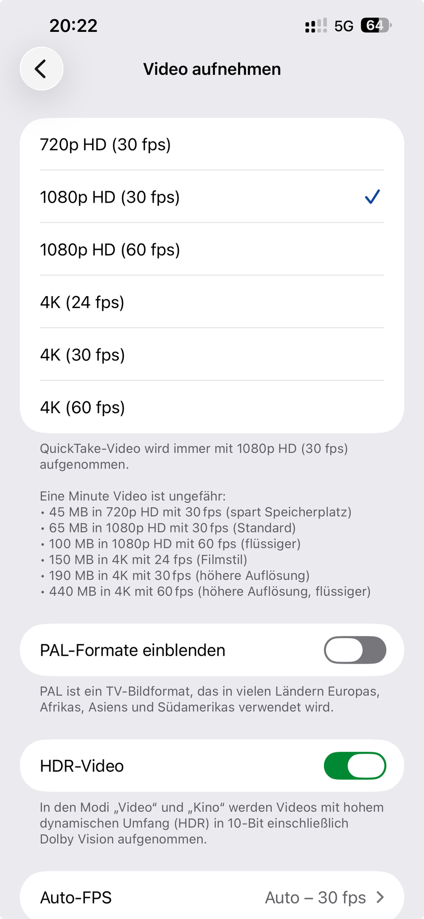 iPhone Einstellungen Kamera Video aufnehmen mit Auflösung und Bildrate