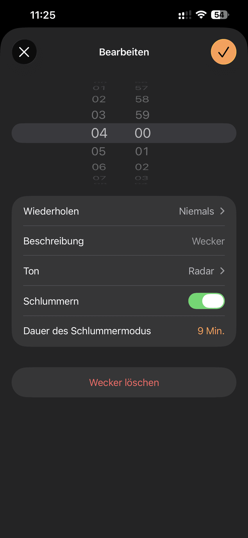 iPhone Wecker im Bearbeiten-Screen mit Ton Radar und aktiviertem Schlummern