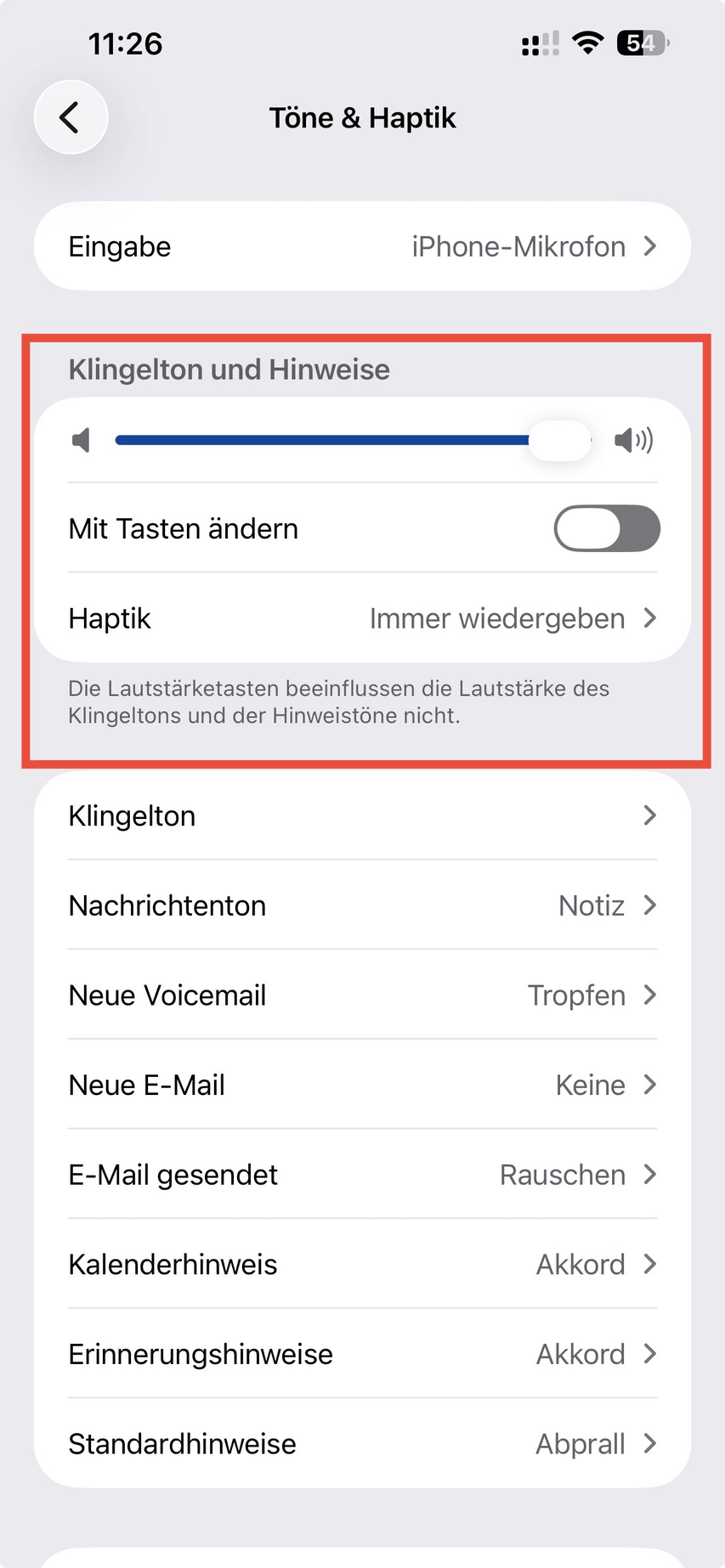 Einstellungen Töne und Haptik mit dem Regler Klingelton und Hinweise und der Option Mit Tasten ändern