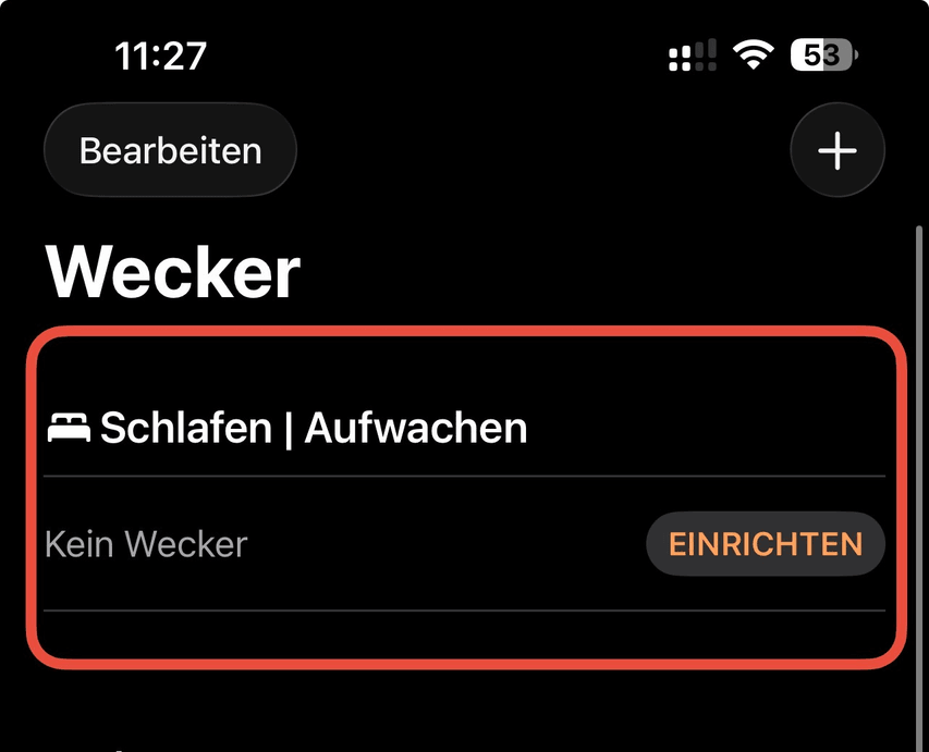 Uhr-App Bereich Schlafen und Aufwachen über der normalen Weckerliste