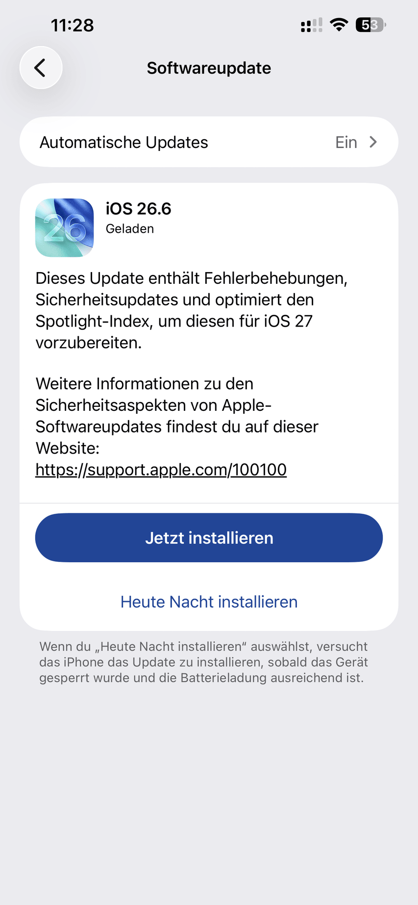 iPhone Softwareupdate-Bildschirm mit iOS 26.6