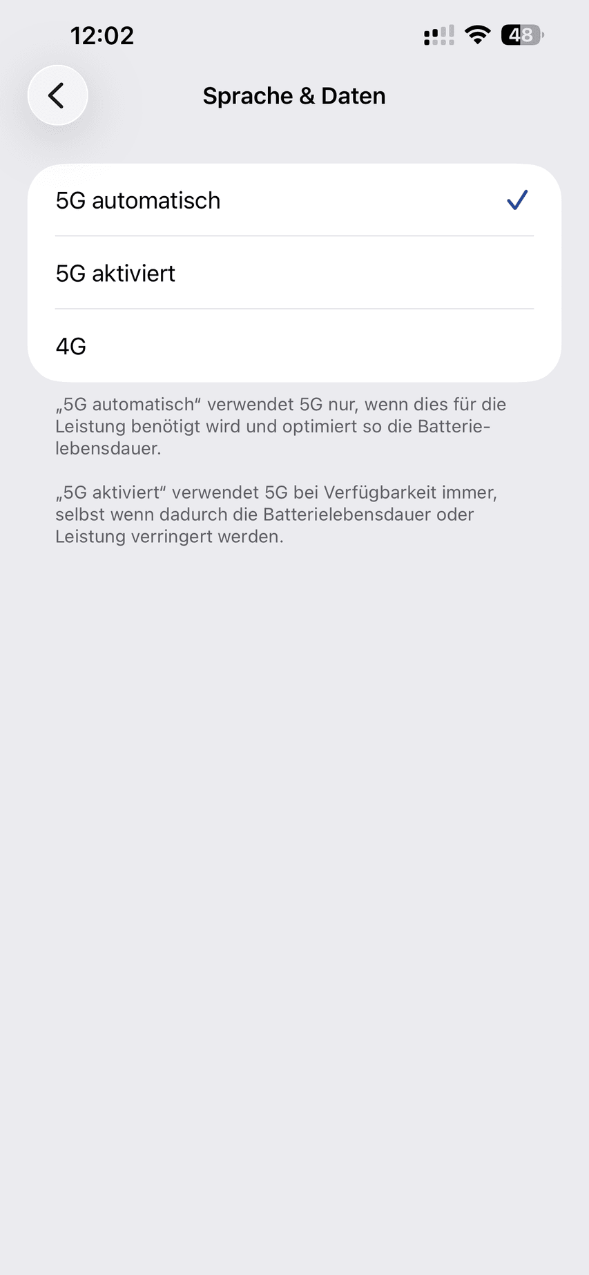 Einstellungen Mobilfunk Sprache und Daten mit den Optionen 5G automatisch, 5G aktiviert und 4G