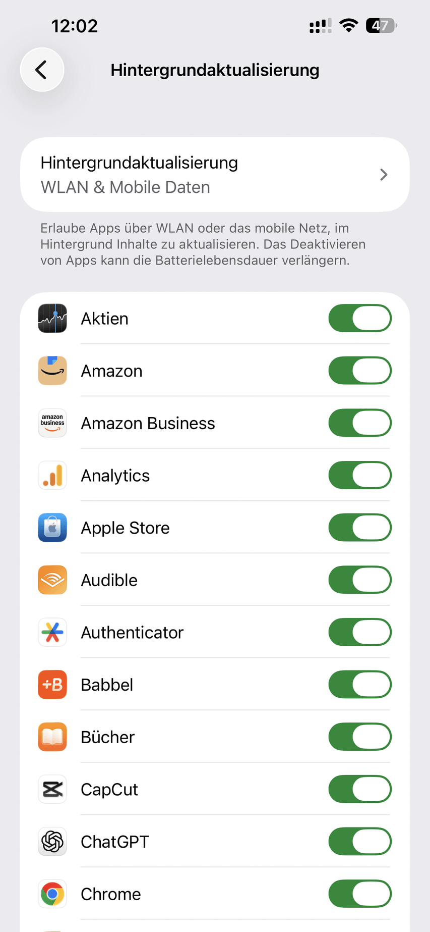 Einstellungen Allgemein Hintergrundaktualisierung mit der App-Liste und Schaltern