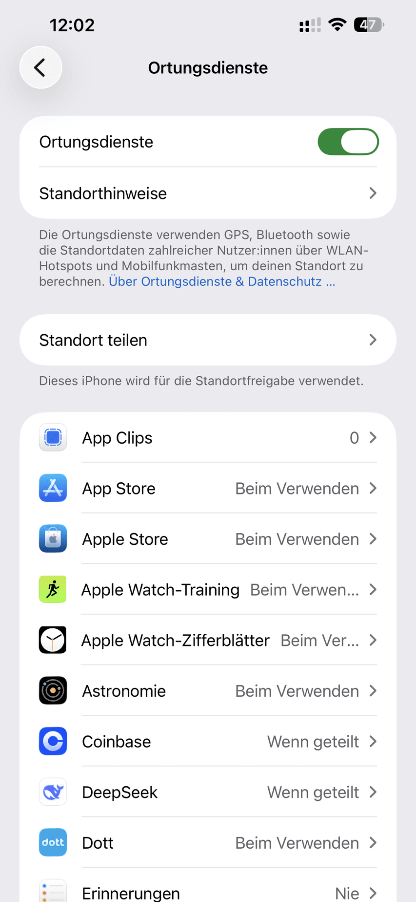 Einstellungen Datenschutz und Sicherheit Ortungsdienste mit Apps auf Beim Verwenden
