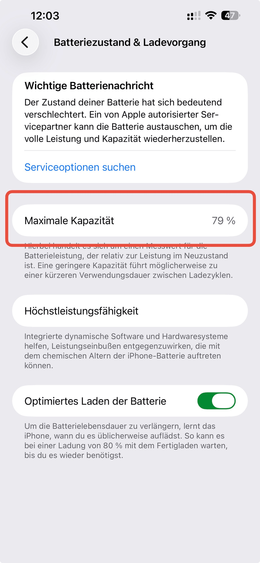 Einstellungen Batterie Batteriezustand und Ladevorgang mit maximaler Kapazität 79 Prozent