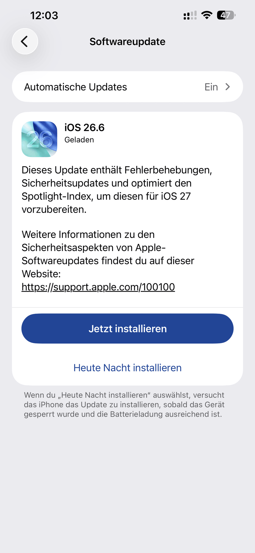 iPhone Softwareupdate-Bildschirm mit iOS 26.6