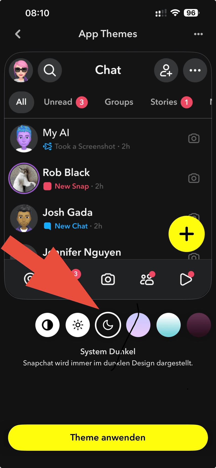 Snapchat App Themes mit dem Mond-Symbol System Dunkel und dem Button Theme anwenden