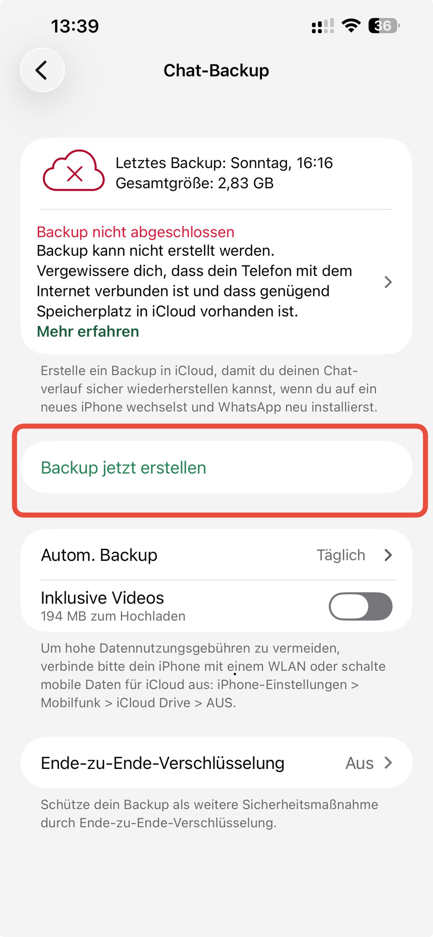 WhatsApp Chat-Backup-Bildschirm mit der Option Backup jetzt erstellen
