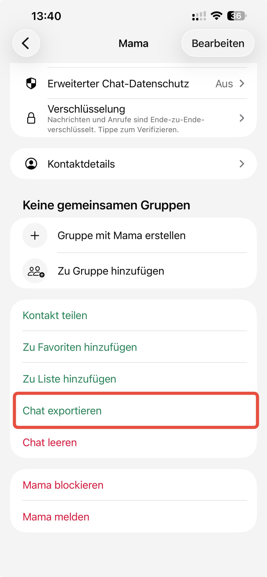 WhatsApp-Kontaktseite mit dem hervorgehobenen Menüpunkt Chat exportieren